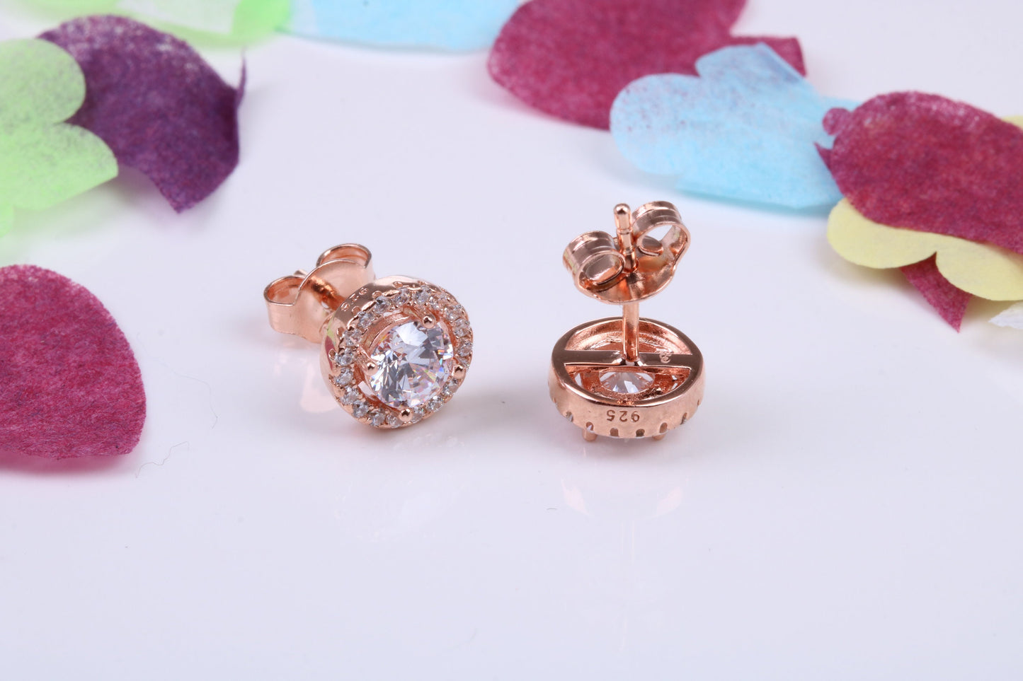 8 mm Round Cluster Cubic Zirconia set Earrings, Very Dressy, Made from Solid 925 Grade Sterling Silver, Rose Gold Plated