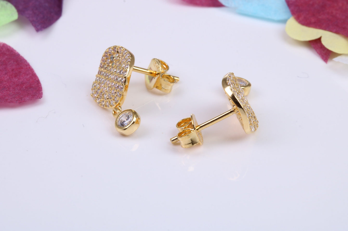 10 mm Round Dropper Stud Earrings, Cubic Zirconia set, Made from Solid 925 Grade Sterling Silver. Yellow Gold Plated