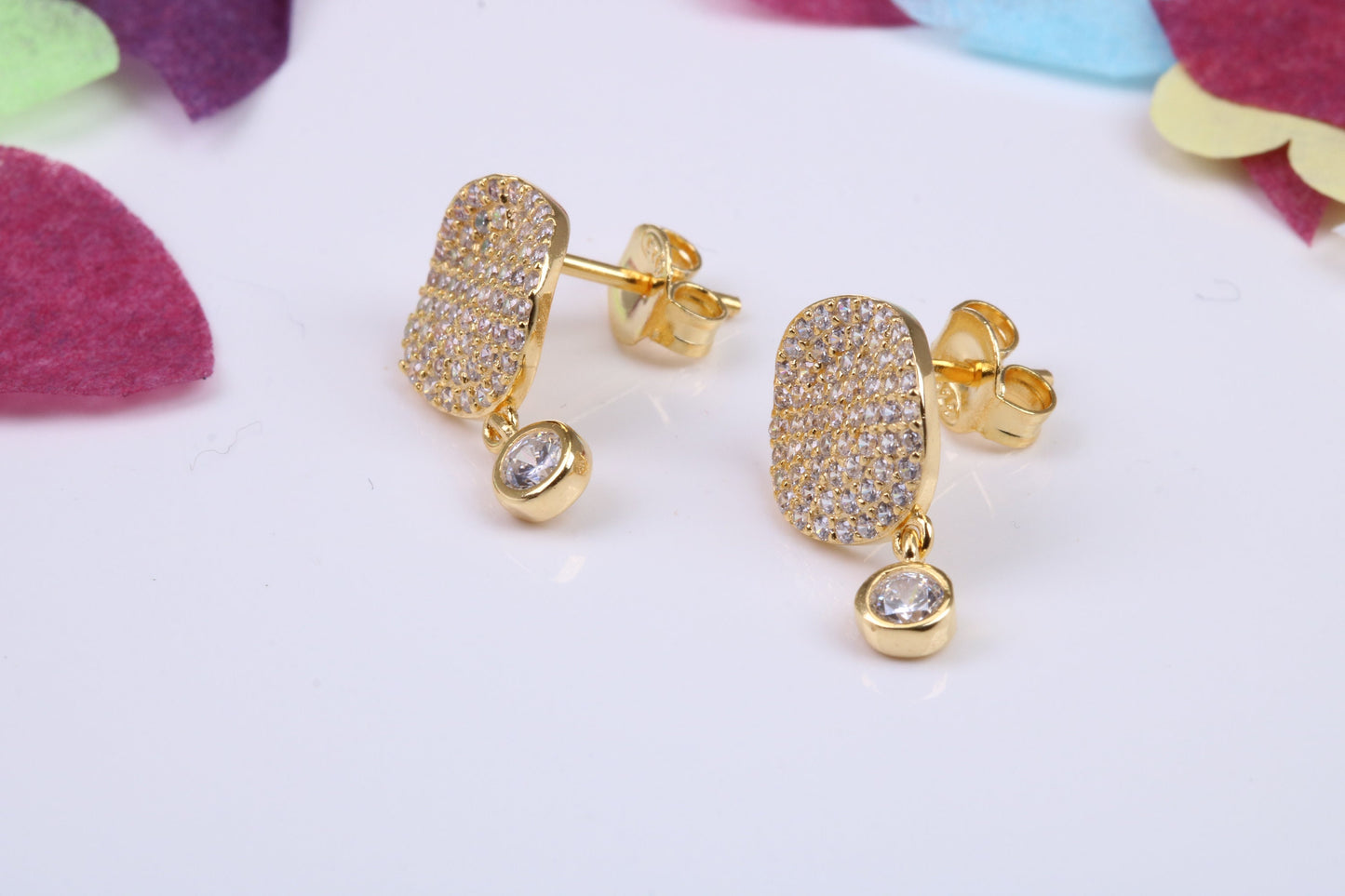 10 mm Round Dropper Stud Earrings, Cubic Zirconia set, Made from Solid 925 Grade Sterling Silver. Yellow Gold Plated