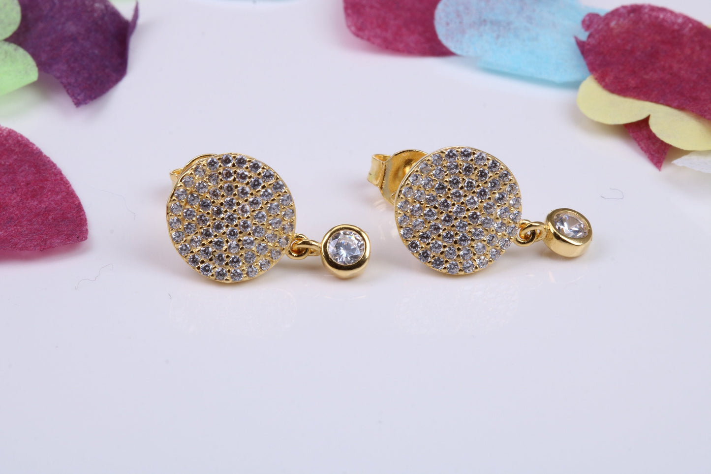 10 mm Round Dropper Stud Earrings, Cubic Zirconia set, Made from Solid 925 Grade Sterling Silver. Yellow Gold Plated