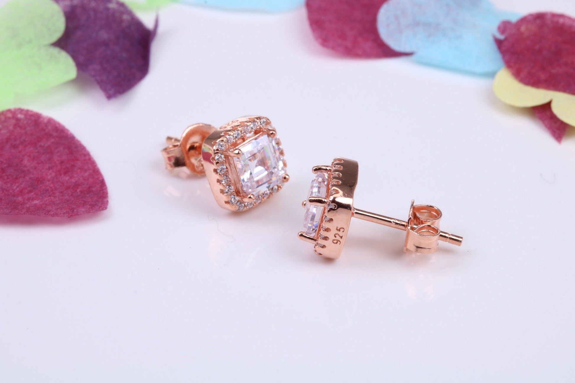 8 mm Square Cluster Cubic Zirconia set Earrings, Very Dressy, Made from Solid 925 Grade Sterling Silver, Rose Gold Plated