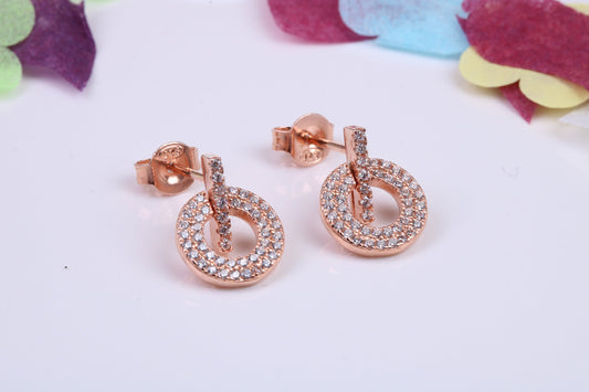 10 mm Round Cluster Cubic Zirconia set Dropper Earrings, Very Dressy, Made from Solid 925 Grade Sterling Silver, Rose Gold Plated