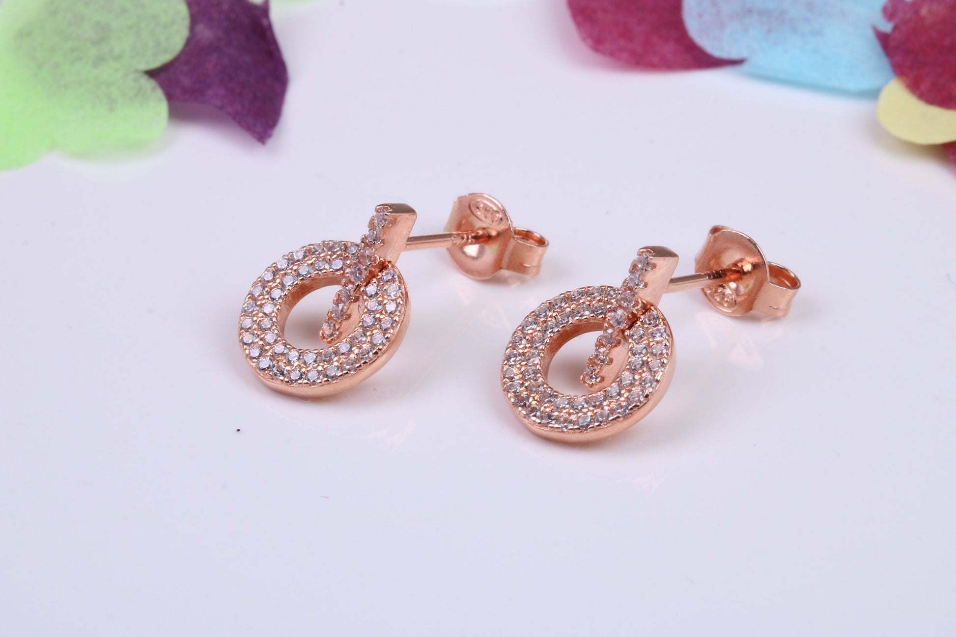 10 mm Round Cluster Cubic Zirconia set Dropper Earrings, Very Dressy, Made from Solid 925 Grade Sterling Silver, Rose Gold Plated