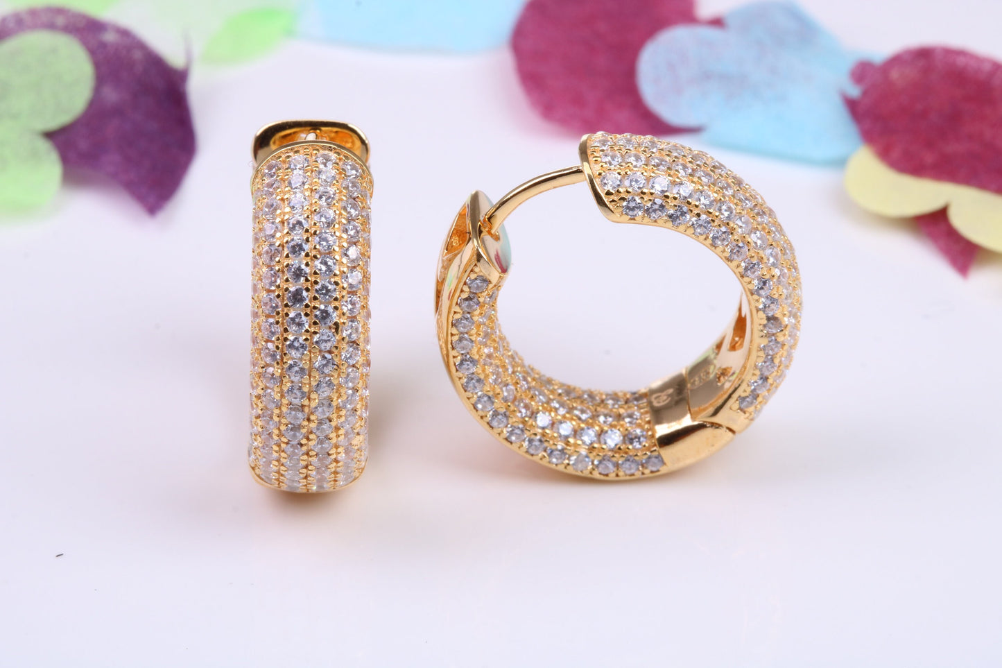 20 mm Round Chunky Hoop Earrings, Cubic Zirconia set, Made from Solid 925 Grade Sterling Silver. Yellow Gold Plated