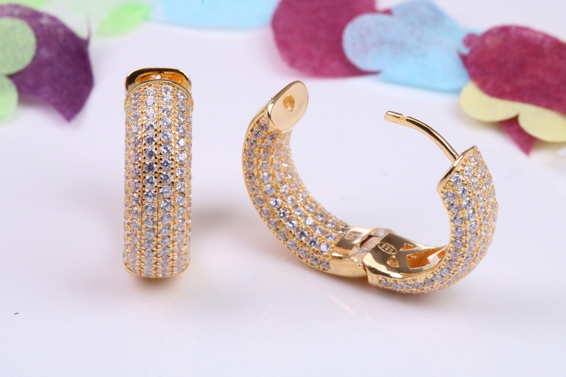 20 mm Round Chunky Hoop Earrings, Cubic Zirconia set, Made from Solid 925 Grade Sterling Silver. Yellow Gold Plated