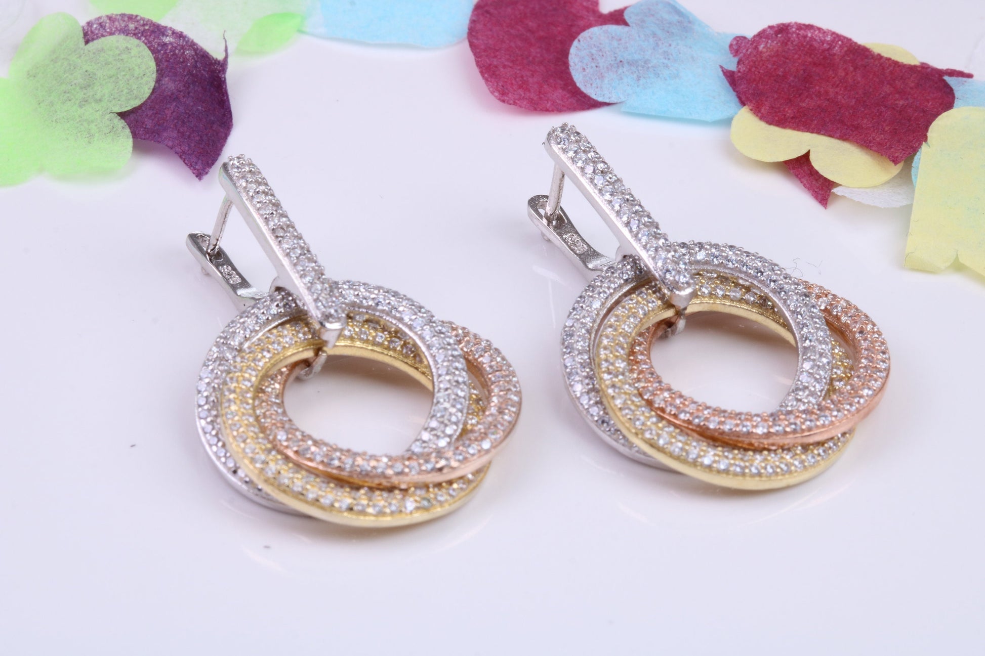 35 mm Long Chunky Dropper Earrings, Three Colour Gold Plated, Cubic Zirconia set, Made from Solid 925 Grade Sterling Silver