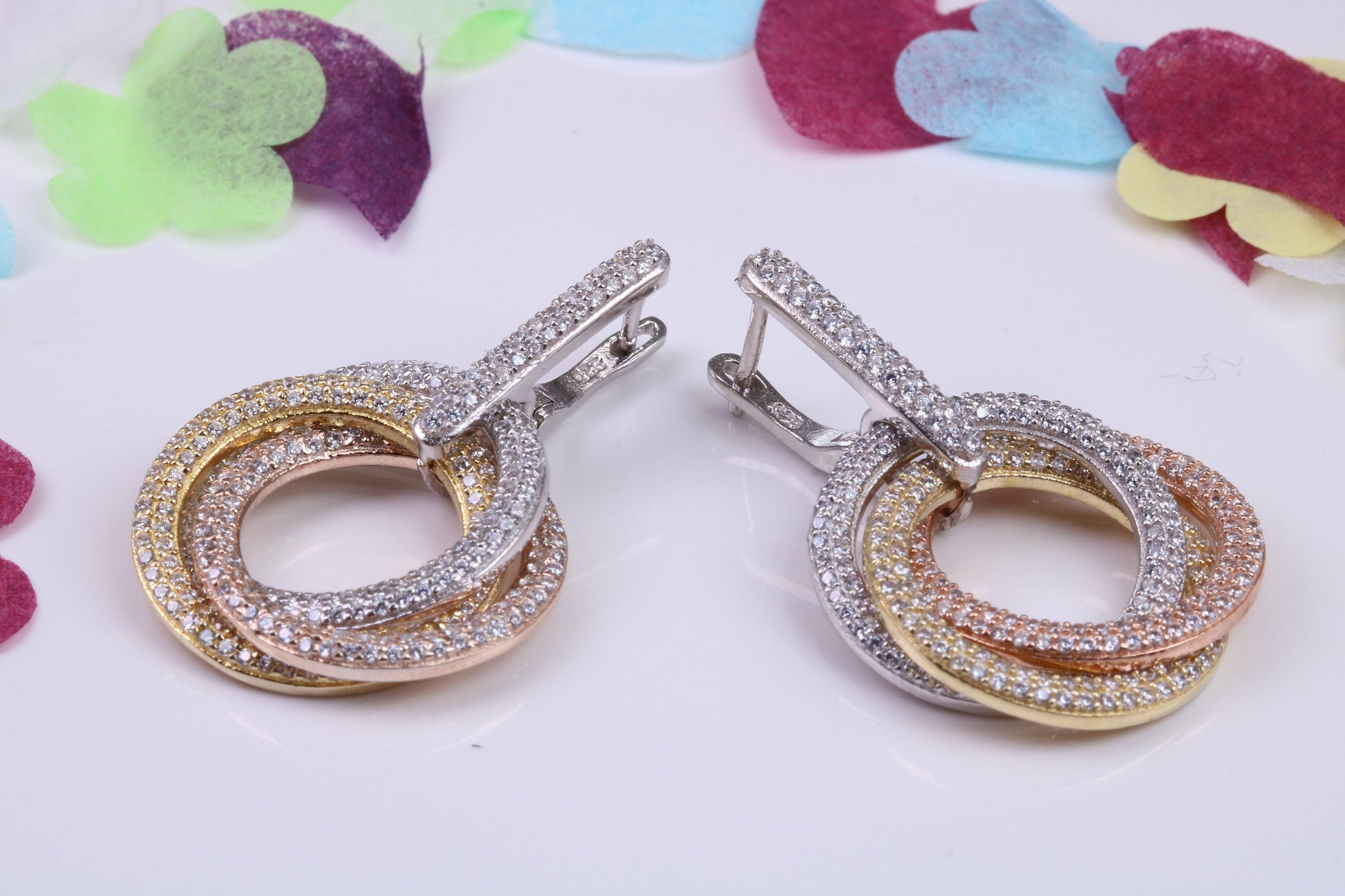 35 mm Long Chunky Dropper Earrings, Three Colour Gold Plated, Cubic Zirconia set, Made from Solid 925 Grade Sterling Silver