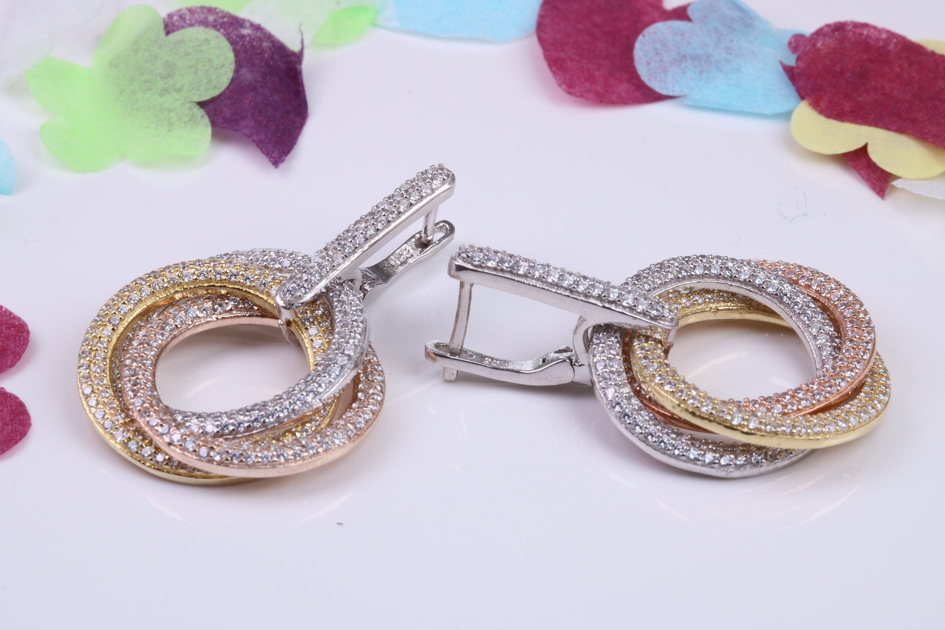 35 mm Long Chunky Dropper Earrings, Three Colour Gold Plated, Cubic Zirconia set, Made from Solid 925 Grade Sterling Silver