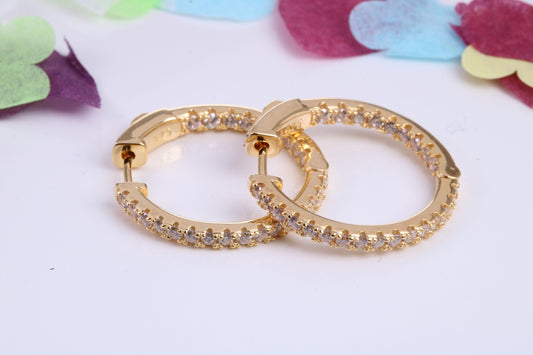 25 mm Round Hoop Cubic Zirconia set Earrings, Very Dressy, Made from Solid 925 Grade Sterling Silver, 18ct Yellow Gold Plated
