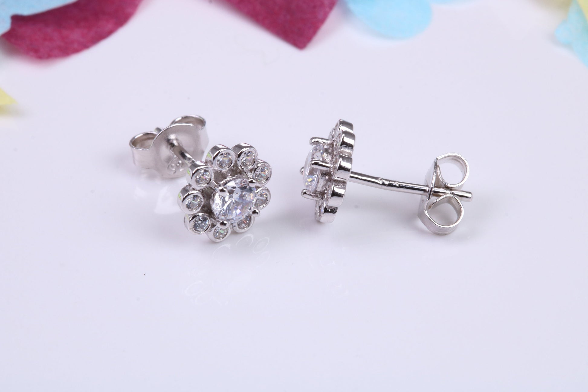 8 mm Round Flower Cluster Cubic Zirconia set Earrings, Very Dressy, Made from Solid 925 Grade Sterling Silver