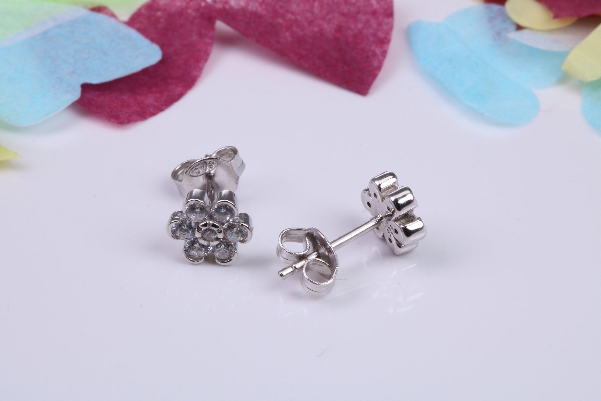 8 mm Round Daisy Flower Cluster Cubic Zirconia set Earrings, Very Dressy, Made from Solid 925 Grade Sterling Silver