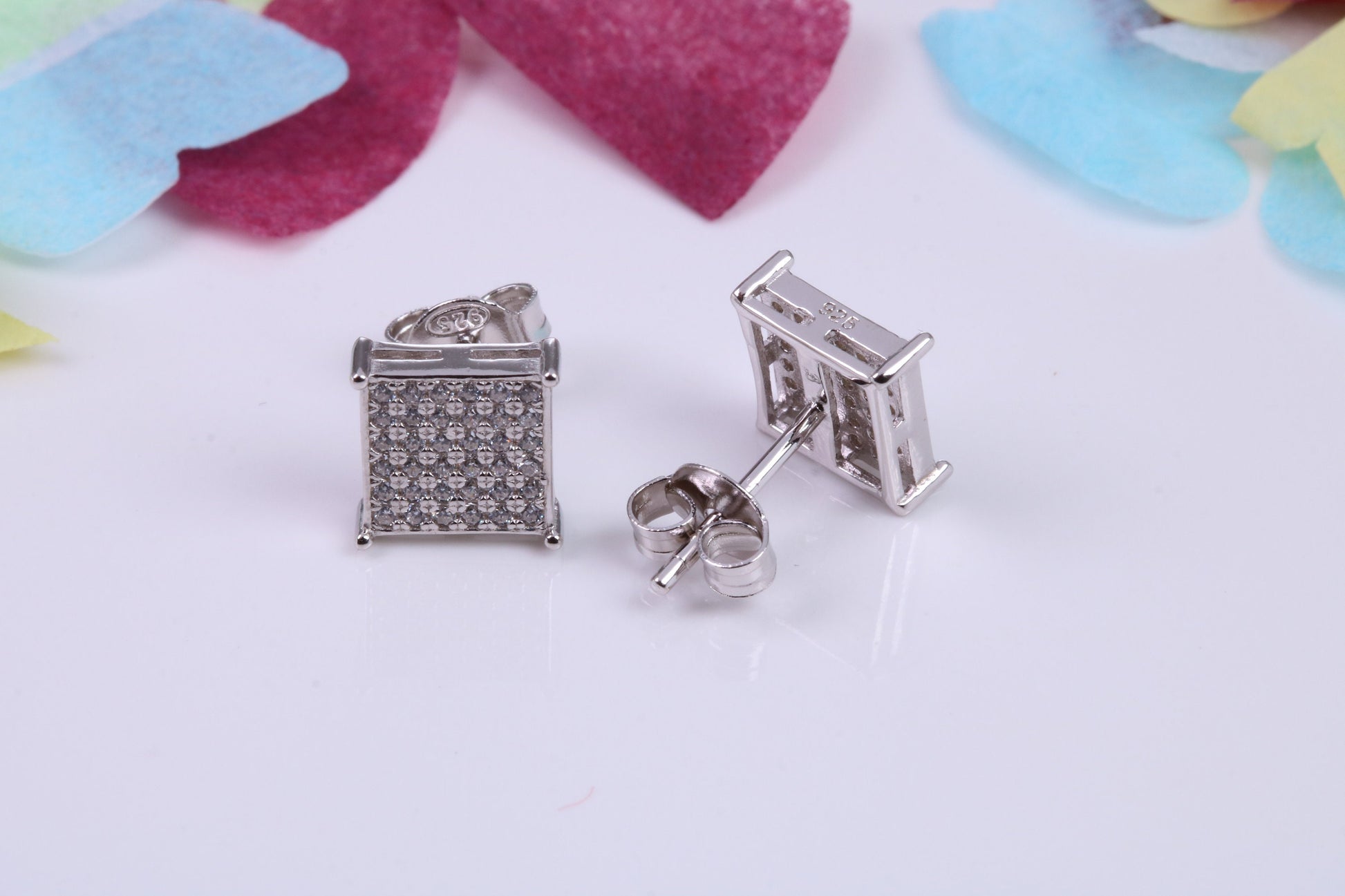 8 mm Square Cluster Cubic Zirconia set Earrings, Very Dressy, Made from Solid 925 Grade Sterling Silver