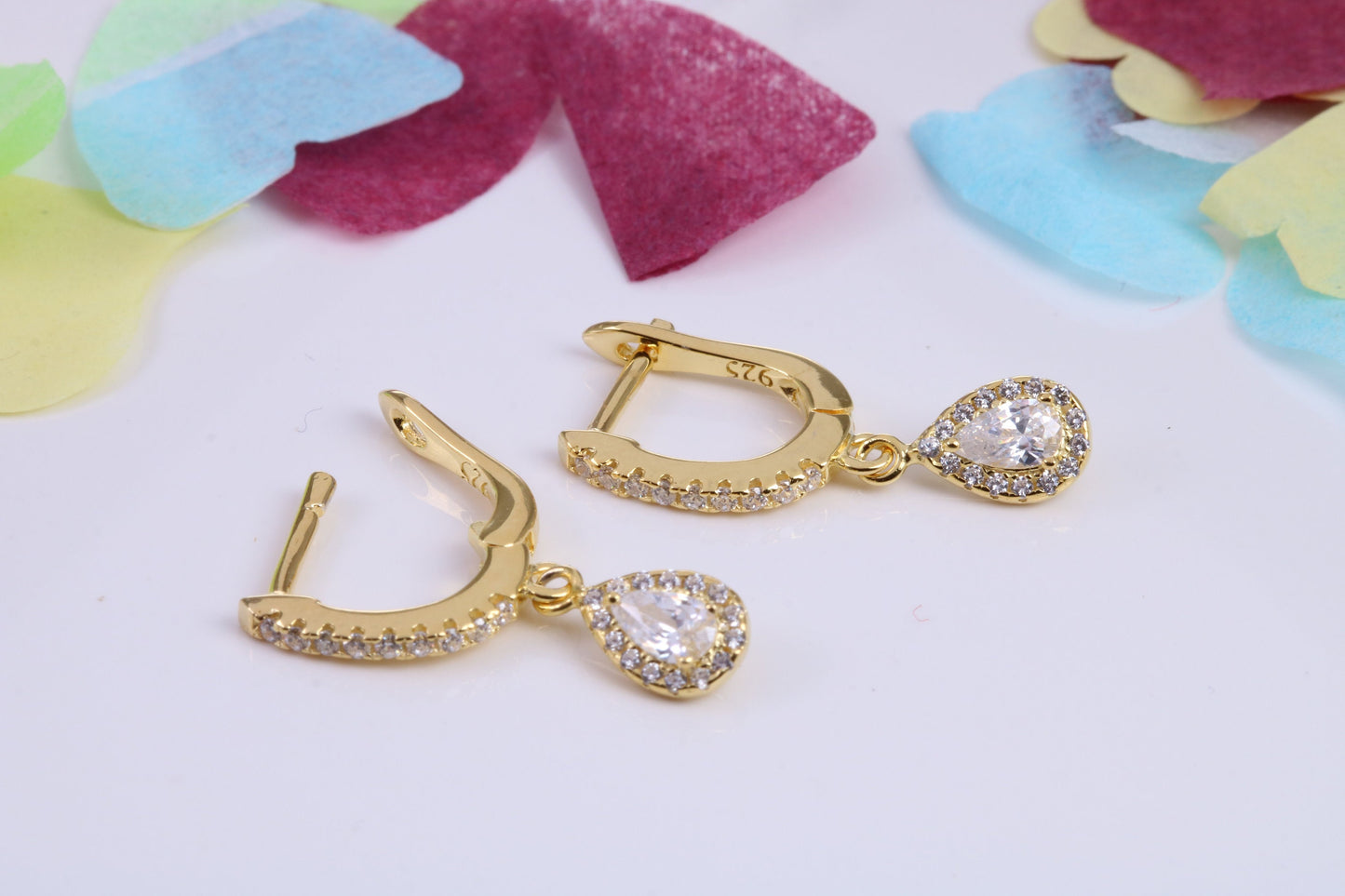 Dropper Hoop Earrings, Cubic Zirconia set, Made from Solid 925 Grade Sterling Silver, 18ct Yellow Gold Plated