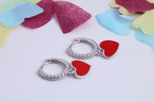 Love Hearts Dropper Hoop Earrings, Cubic Zirconia set, Made from Solid 925 Grade Sterling Silver