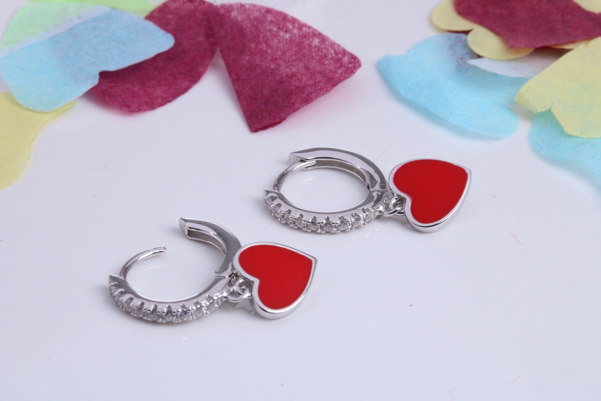 Love Hearts Dropper Hoop Earrings, Cubic Zirconia set, Made from Solid 925 Grade Sterling Silver