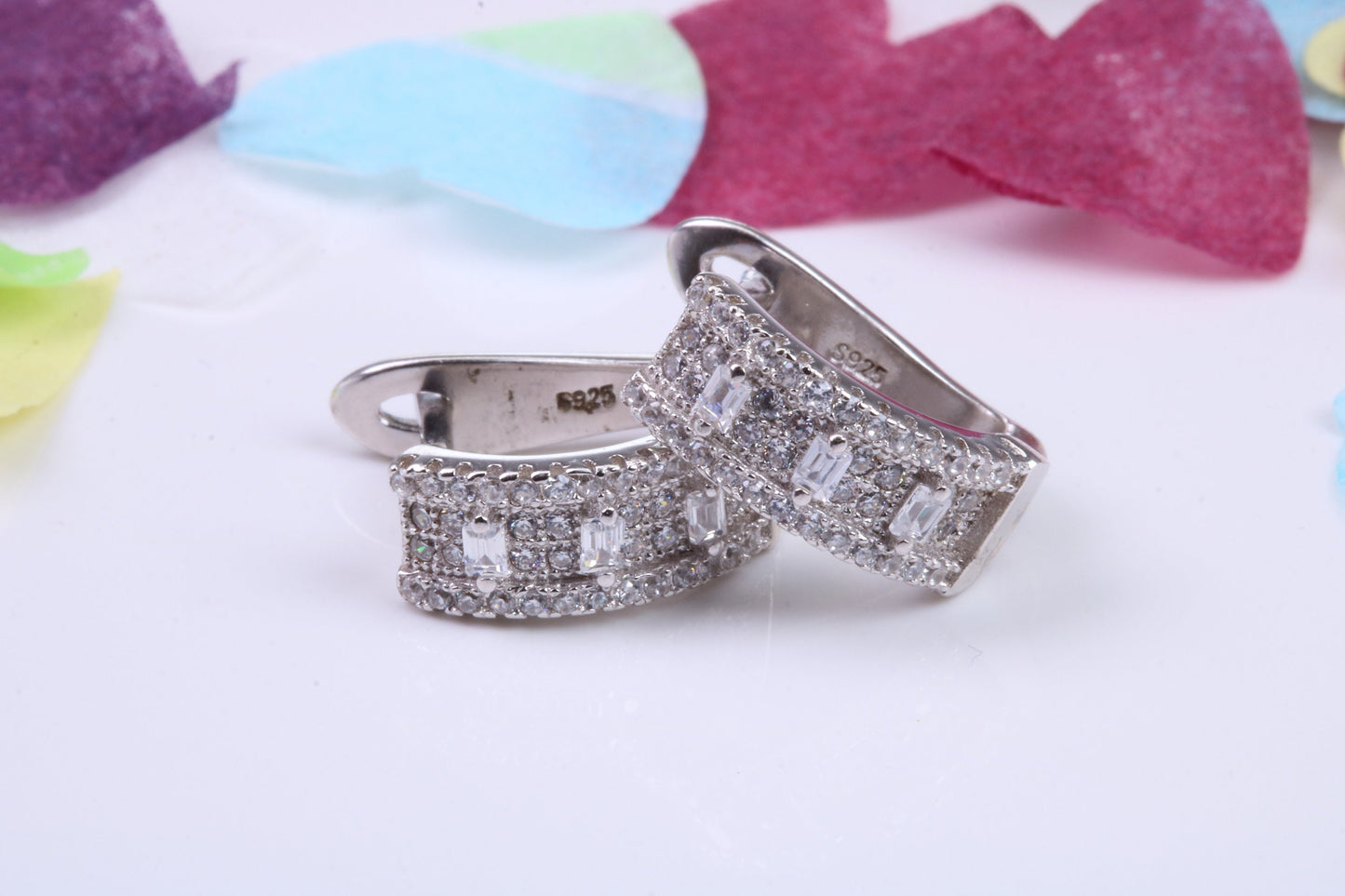 15 mm Long Hoop Cubic Zirconia set Earrings, Very Dressy, Made from Solid 925 Grade Sterling Silver