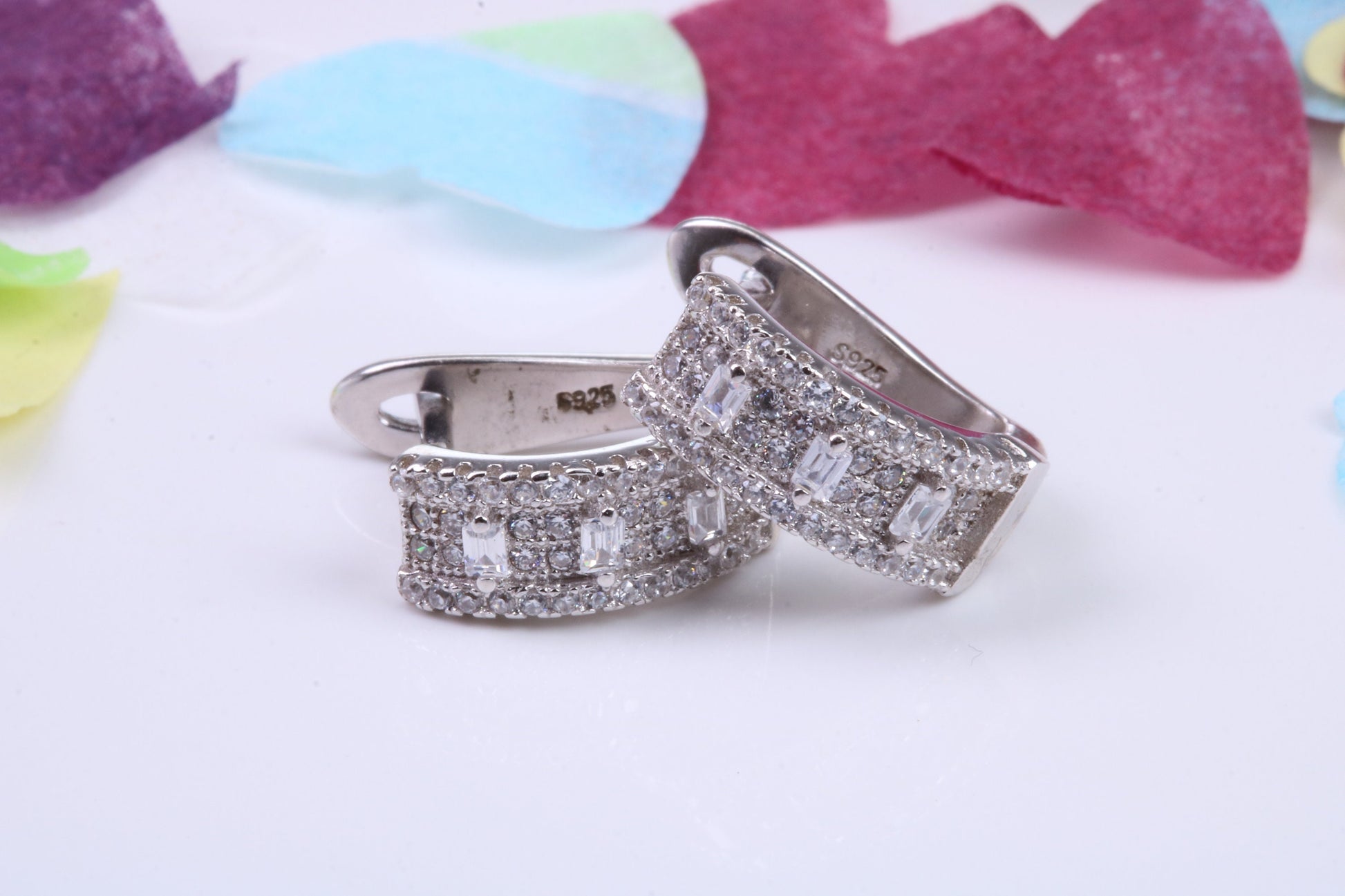 15 mm Long Hoop Cubic Zirconia set Earrings, Very Dressy, Made from Solid 925 Grade Sterling Silver