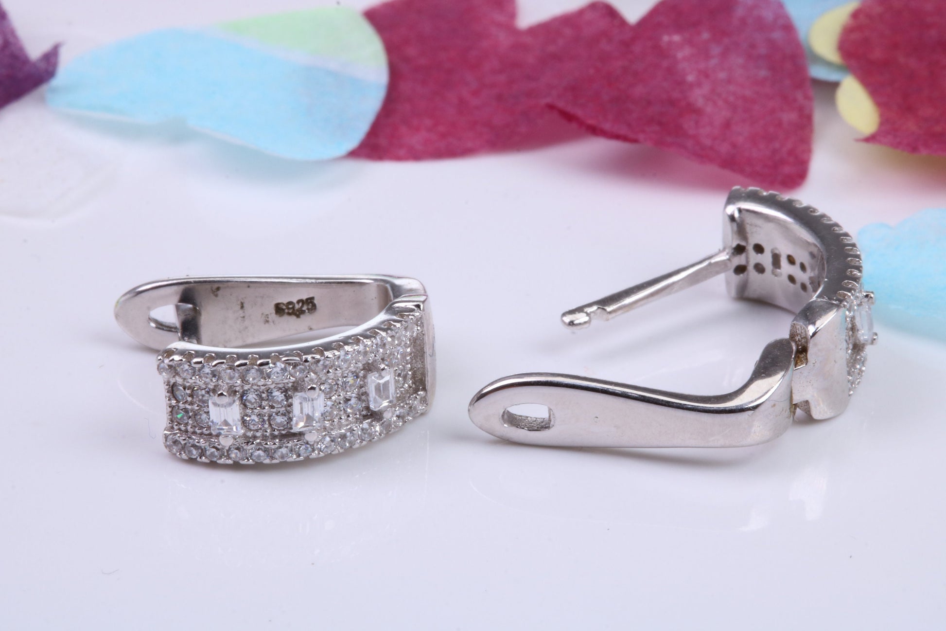 15 mm Long Hoop Cubic Zirconia set Earrings, Very Dressy, Made from Solid 925 Grade Sterling Silver