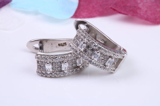 15 mm Long Hoop Cubic Zirconia set Earrings, Very Dressy, Made from Solid 925 Grade Sterling Silver