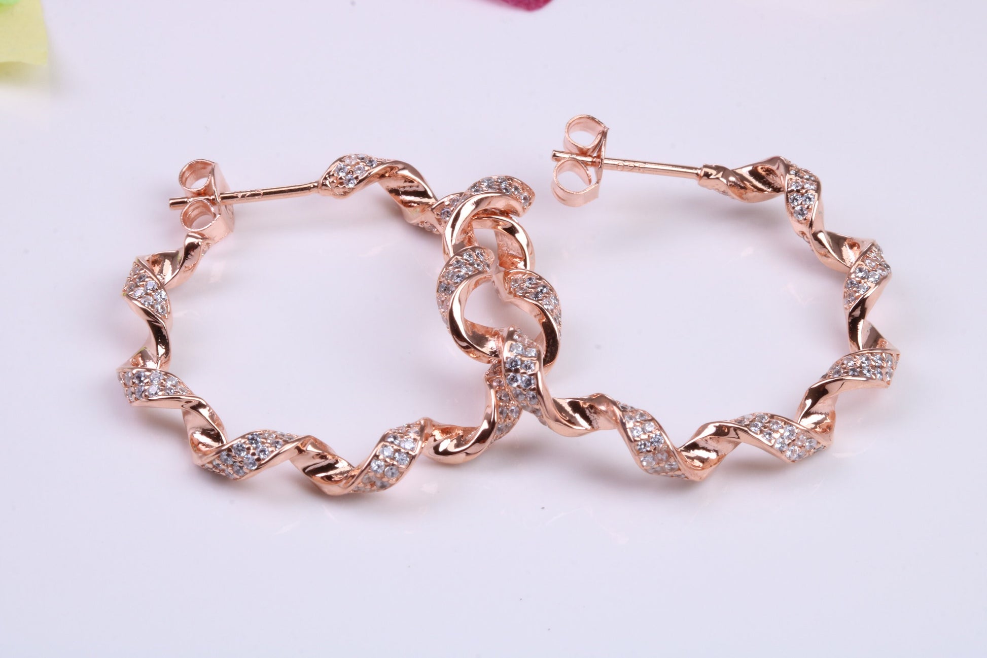 33 mm Round Hoop Earrings, Cubic Zirconia set, Made from Solid 925 Grade Sterling Silver, 18ct Rose Gold Plated