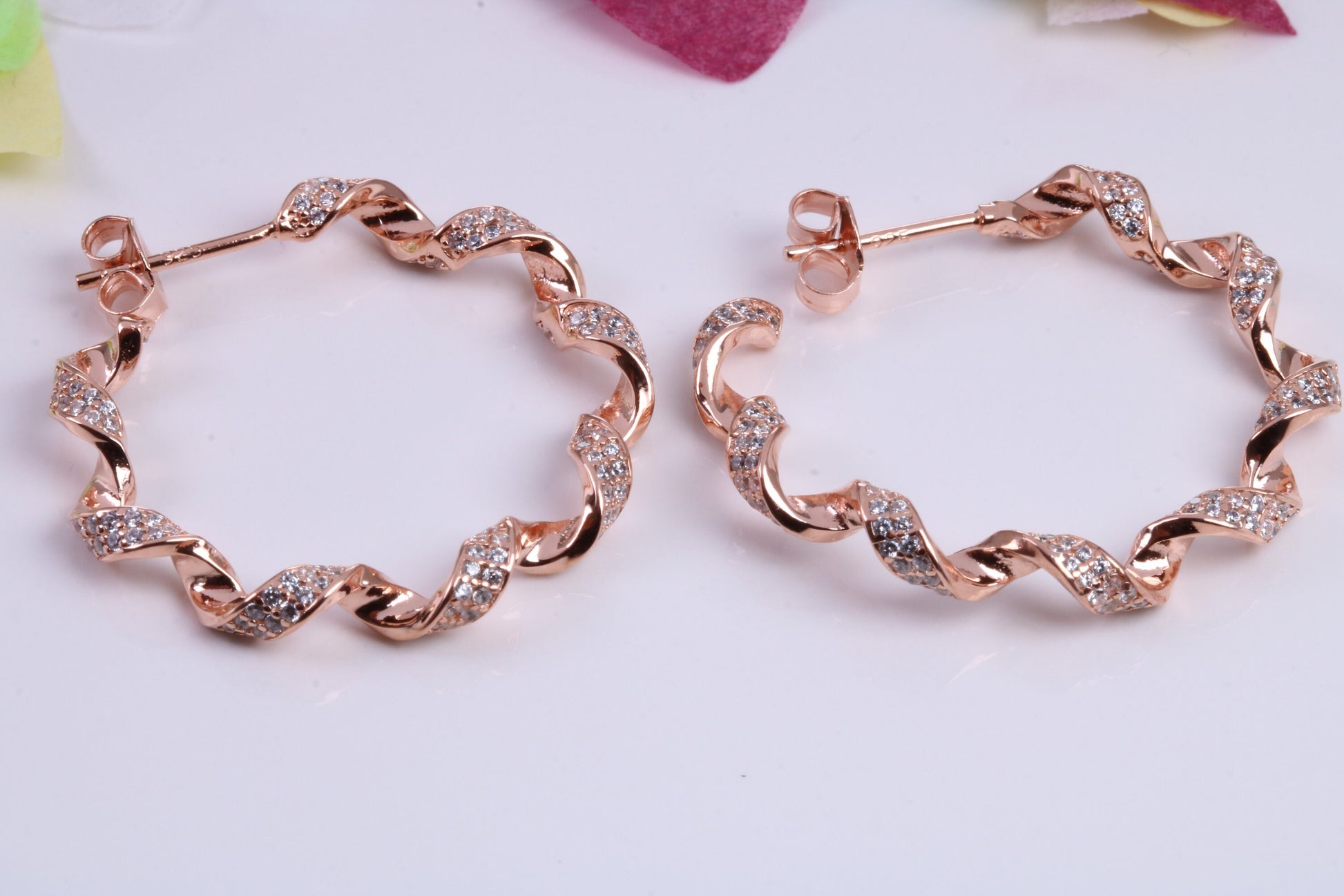 33 mm Round Hoop Earrings, Cubic Zirconia set, Made from Solid 925 Grade Sterling Silver, 18ct Rose Gold Plated