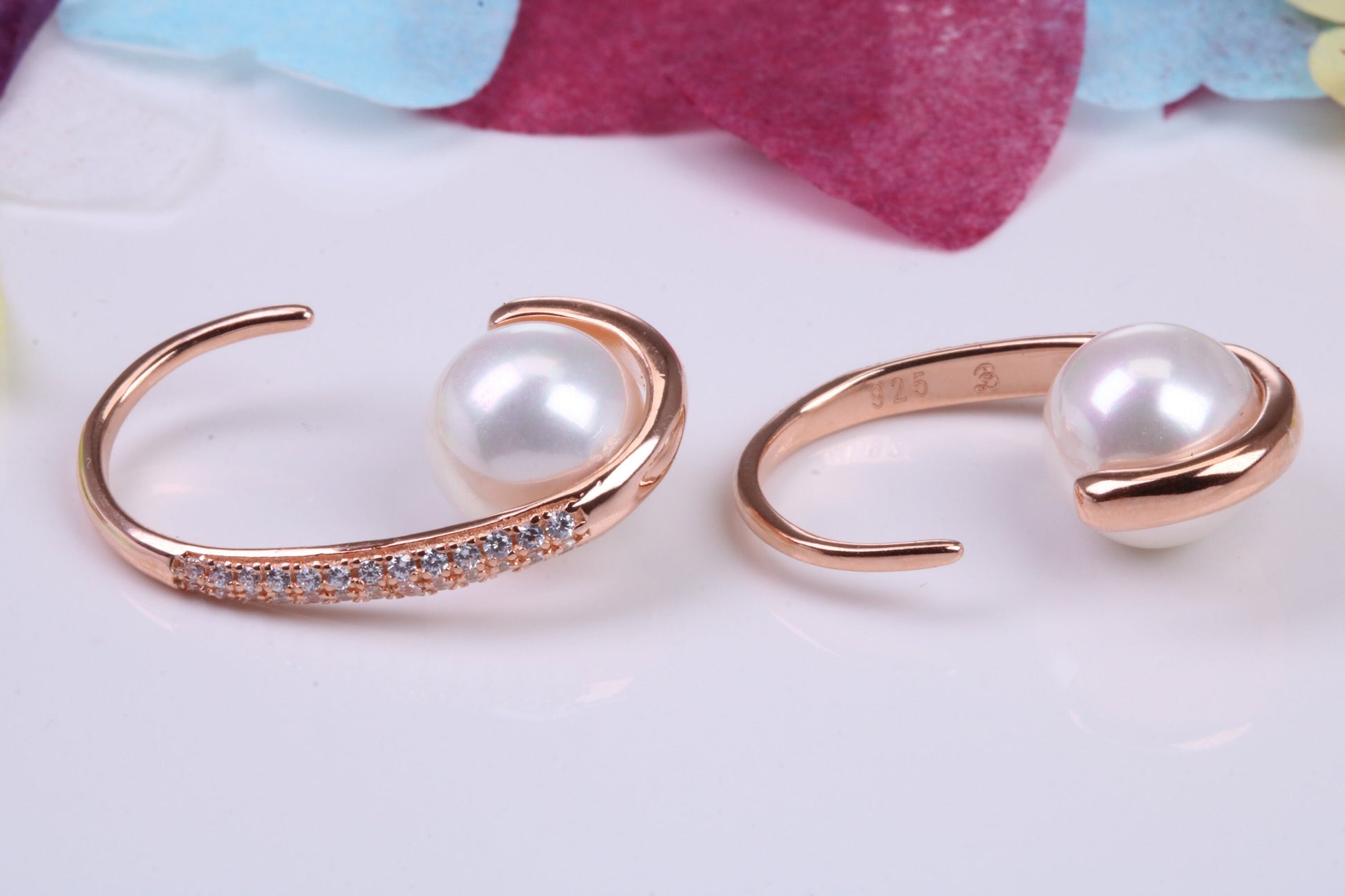 21 mm Long Hoop Earrings, Pearl and Cubic Zirconia set, Made from Solid 925 Grade Sterling Silver, 18ct Rose Gold Plated