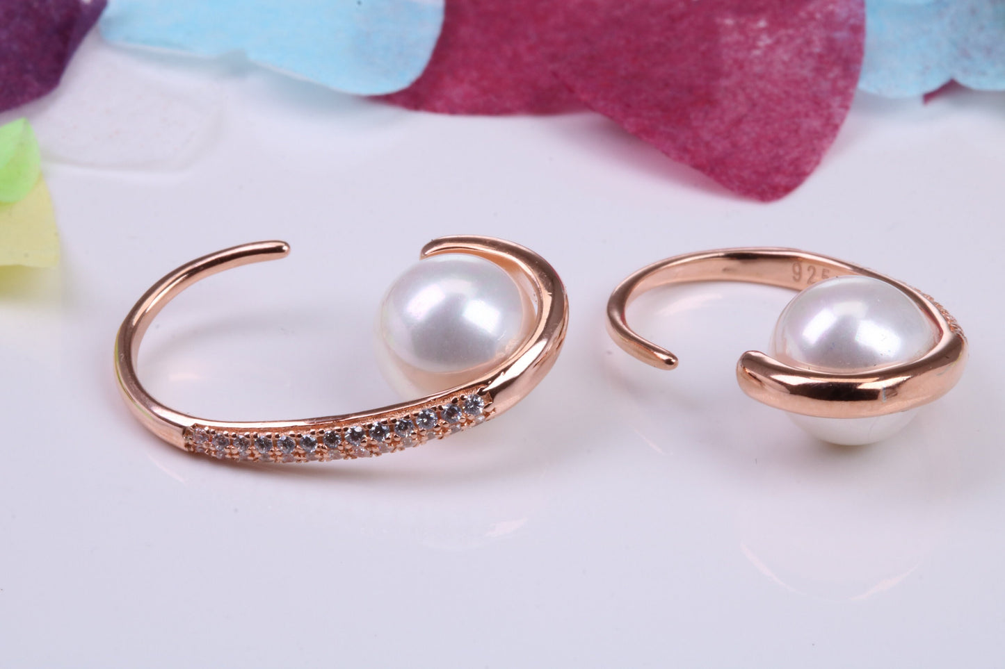 21 mm Long Hoop Earrings, Pearl and Cubic Zirconia set, Made from Solid 925 Grade Sterling Silver, 18ct Rose Gold Plated