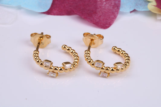 14 mm Round Hoop Cubic Zirconia set Earrings, Very Dressy, Made from Solid 925 Grade Sterling Silver, 18ct Yellow Gold Plated