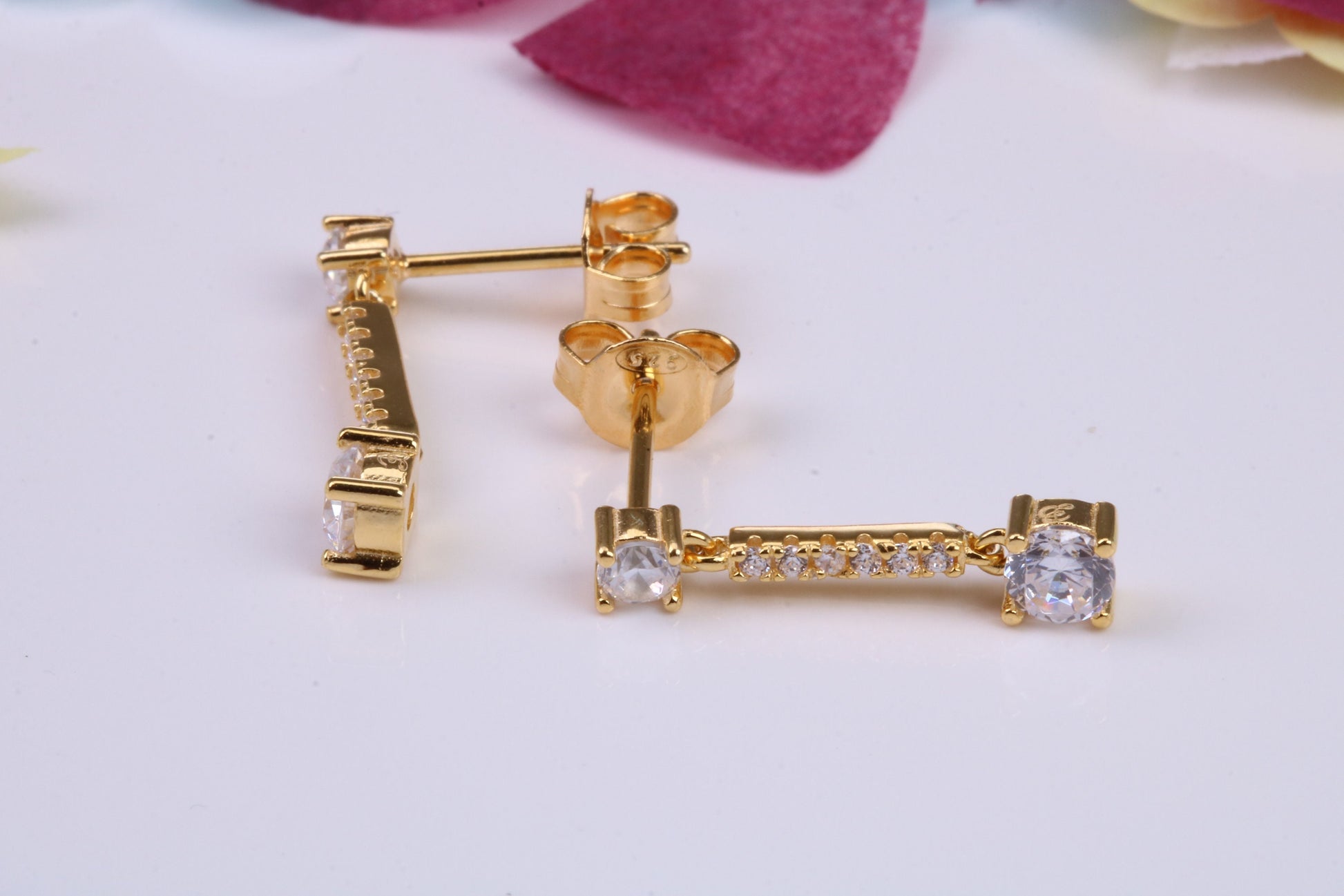 20 mm Long Cubic Zirconia set Earrings, Very Dressy, Made from Solid 925 Grade Sterling Silver, 18ct Yellow Gold Plated