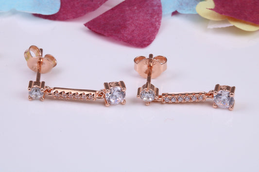 20 mm Long Cubic Zirconia set Earrings, Very Dressy, Made from Solid 925 Grade Sterling Silver, 18ct Rose Gold Plated