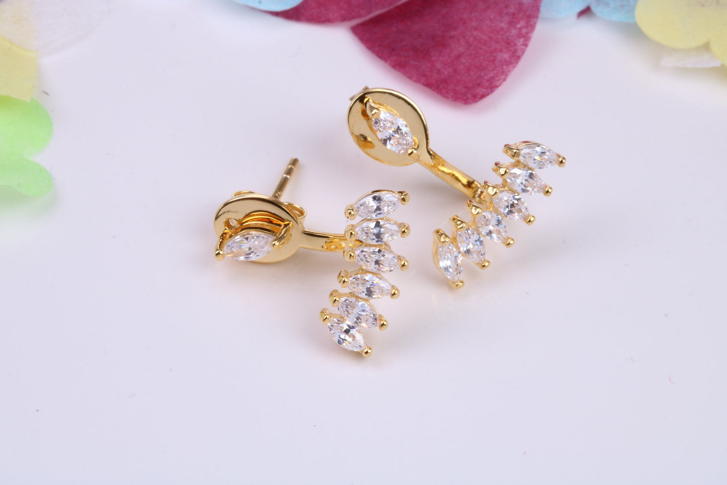 20 mm Long Dropper Stud Cubic Zirconia set Earrings, Very Dressy, Made from Solid 925 Grade Sterling Silver, 18ct Yellow Gold Plated