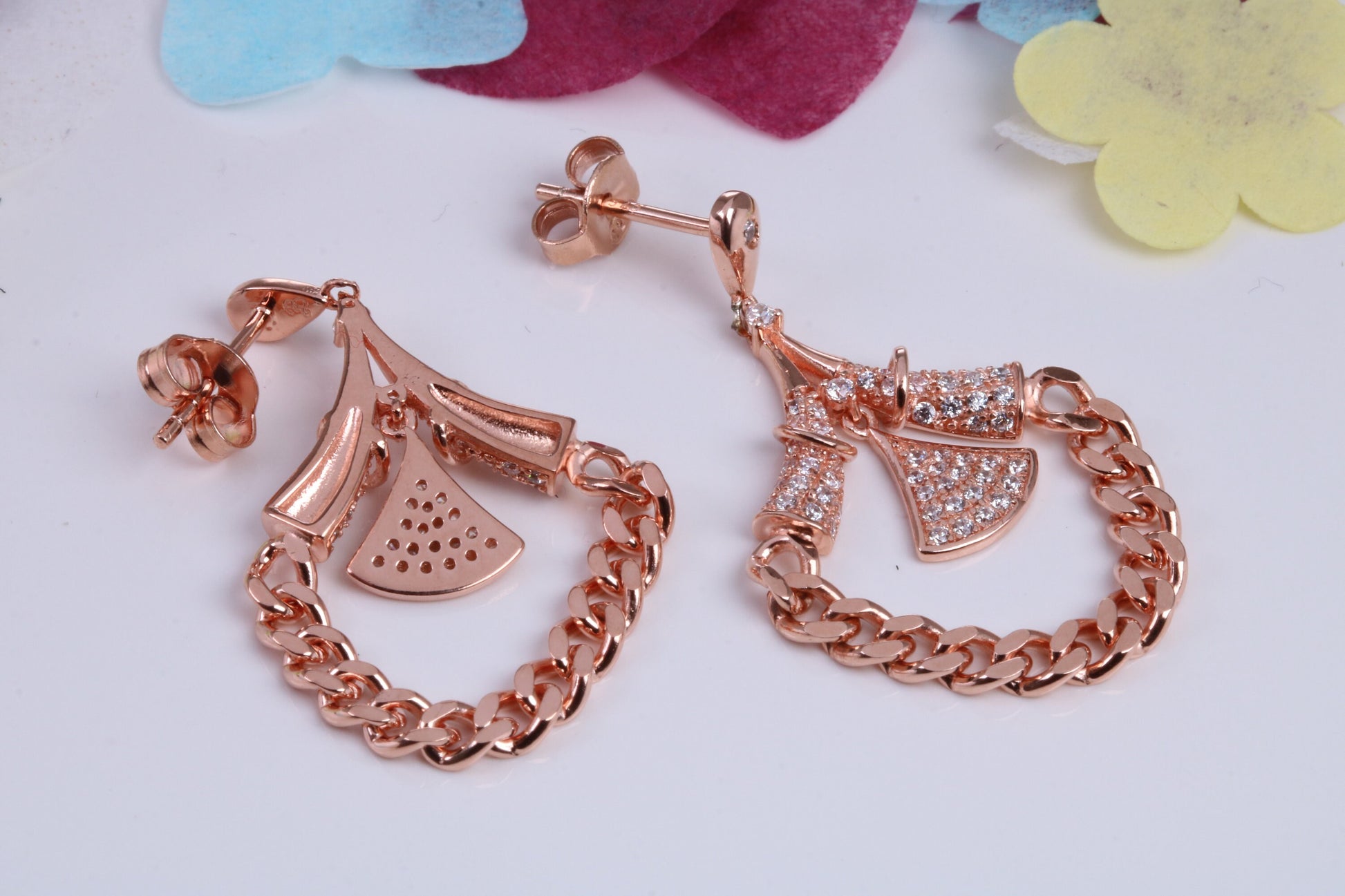 22 mm Long Dropper Stud Cubic Zirconia set Earrings, Very Dressy, Made from Solid 925 Grade Sterling Silver, 18ct Rose Gold Plated