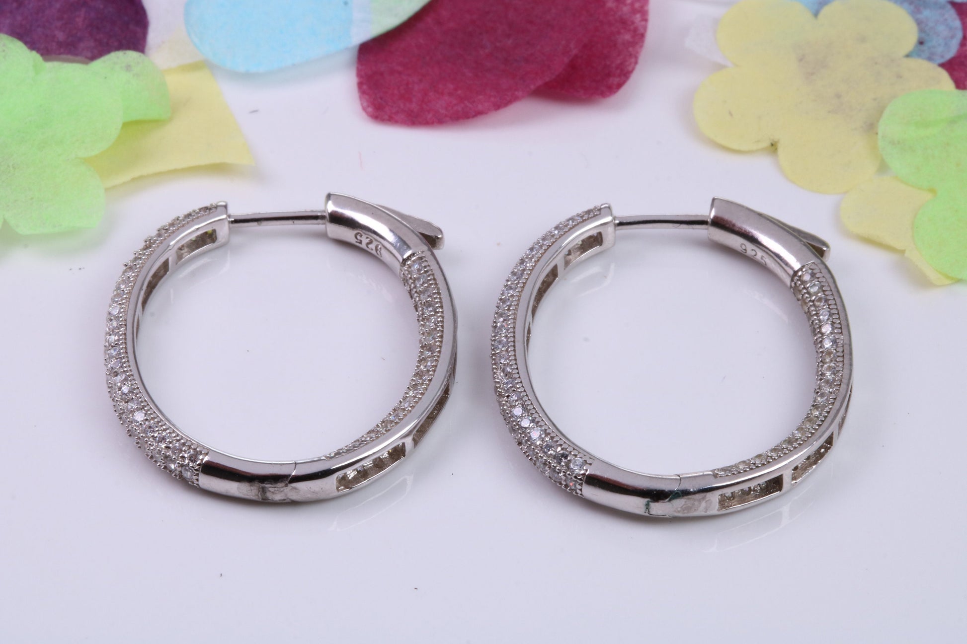 29 mm Long Hoop Cubic Zirconia set Earrings, Secure Fittings, Very Dressy, Made from Solid 925 Grade Sterling Silver