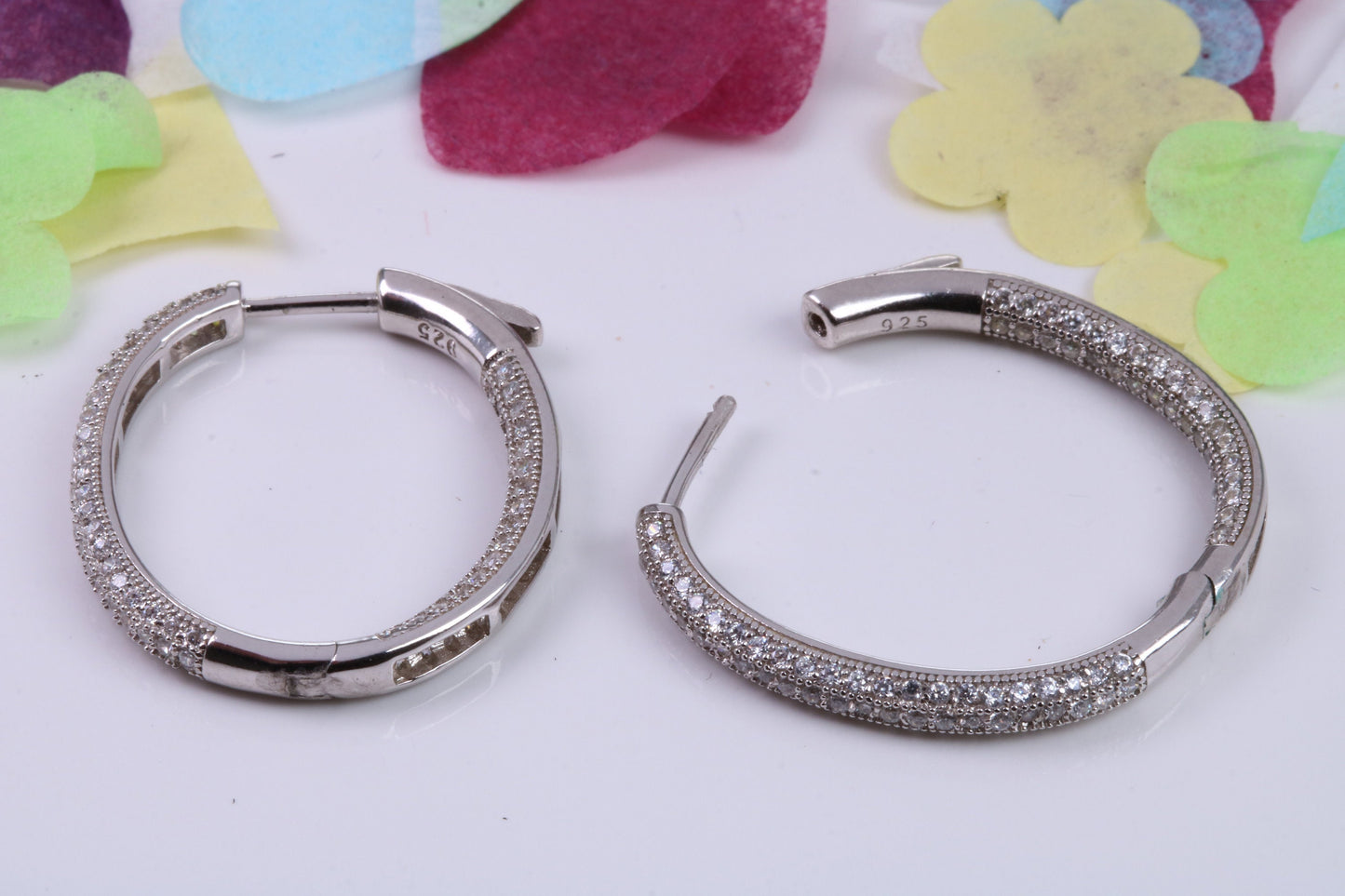 29 mm Long Hoop Cubic Zirconia set Earrings, Secure Fittings, Very Dressy, Made from Solid 925 Grade Sterling Silver