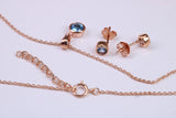 Real Blue Topaz Necklace and Matching Stud Earrings, made from solid Sterling Silver and 18ct Rose Gold Plated