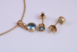 Real Blue Topaz set Necklace and Matching Stud Earrings, made from solid Sterling Silver and 18ct Yellow Gold Plated