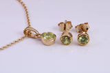 Real Peridot set Necklace and Matching Stud Earrings, made from solid Sterling Silver and 18ct Yellow Gold Plated