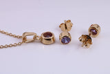 Real Amethyst set Necklace and Matching Stud Earrings, made from solid Sterling Silver and 18ct Yellow Gold Plated