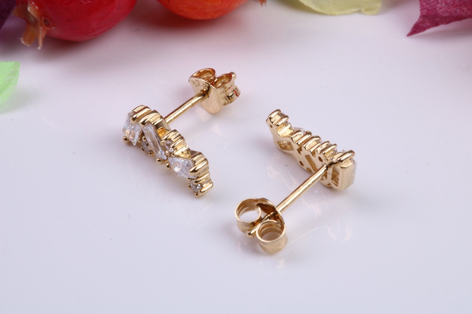 12 mm Long Cubic Zirconia set Earrings, Made from Solid 925 Grade Sterling Silver and 18ct Yellow Gold Plated