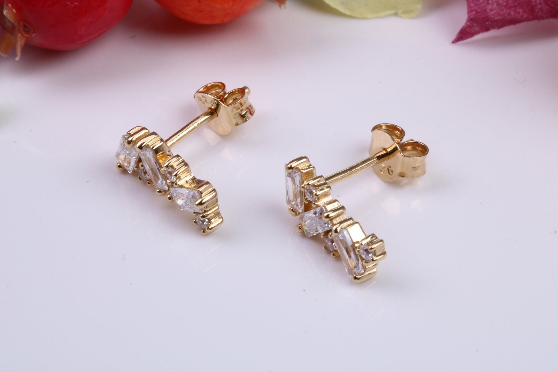 12 mm Long Cubic Zirconia set Earrings, Made from Solid 925 Grade Sterling Silver and 18ct Yellow Gold Plated