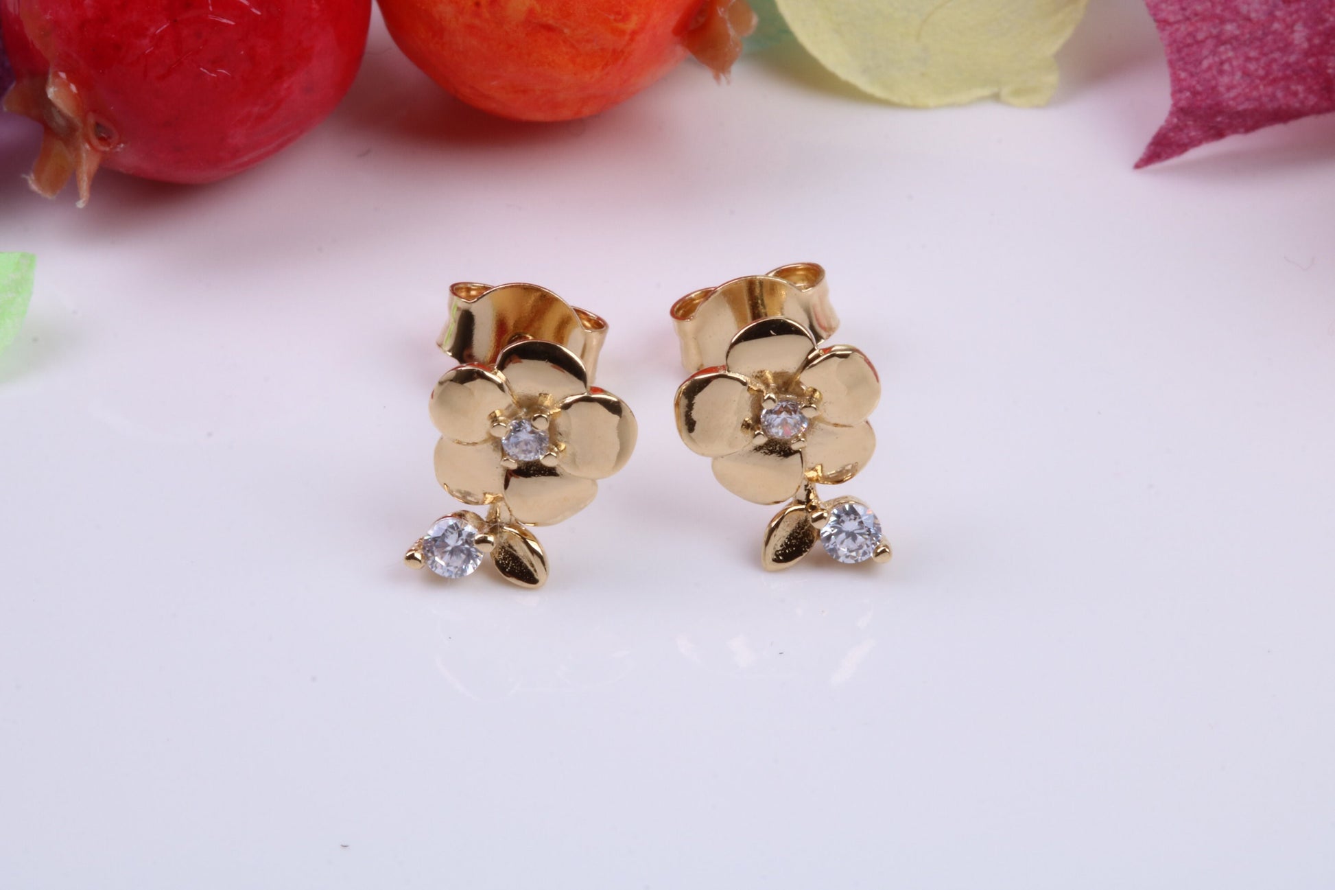 Rose Flower Cubic Zirconia set Earrings, Made from Solid 925 Grade Sterling Silver and 18ct Yellow Gold Plated