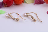 19 mm Long Pearl and Cubic Zirconia set Earrings, Made from Solid 925 Grade Sterling Silver and 18ct Yellow Gold Plated