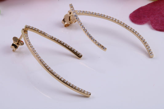 35 mm Long Cubic Zirconia set Dropper Earrings, Made from Solid 925 Grade Sterling Silver and 18ct Yellow Gold Plated