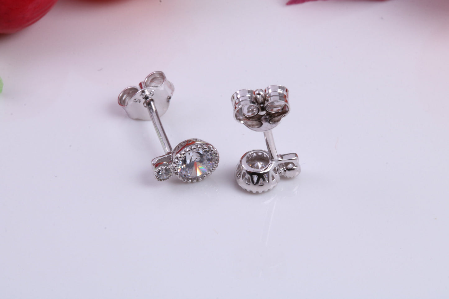 7 mm Long Stud Cubic Zirconia set Earrings, Very Dressy, Made from Solid 925 Grade Sterling Silver