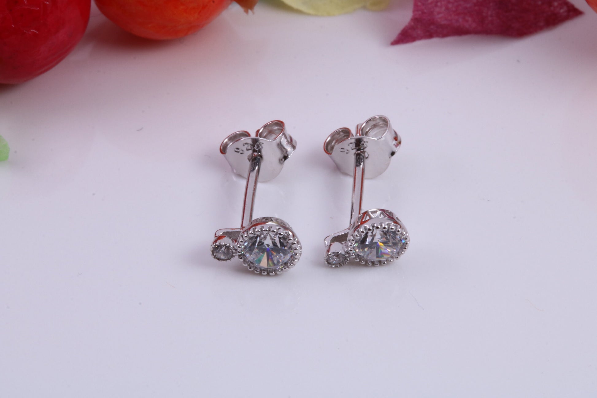 7 mm Long Stud Cubic Zirconia set Earrings, Very Dressy, Made from Solid 925 Grade Sterling Silver