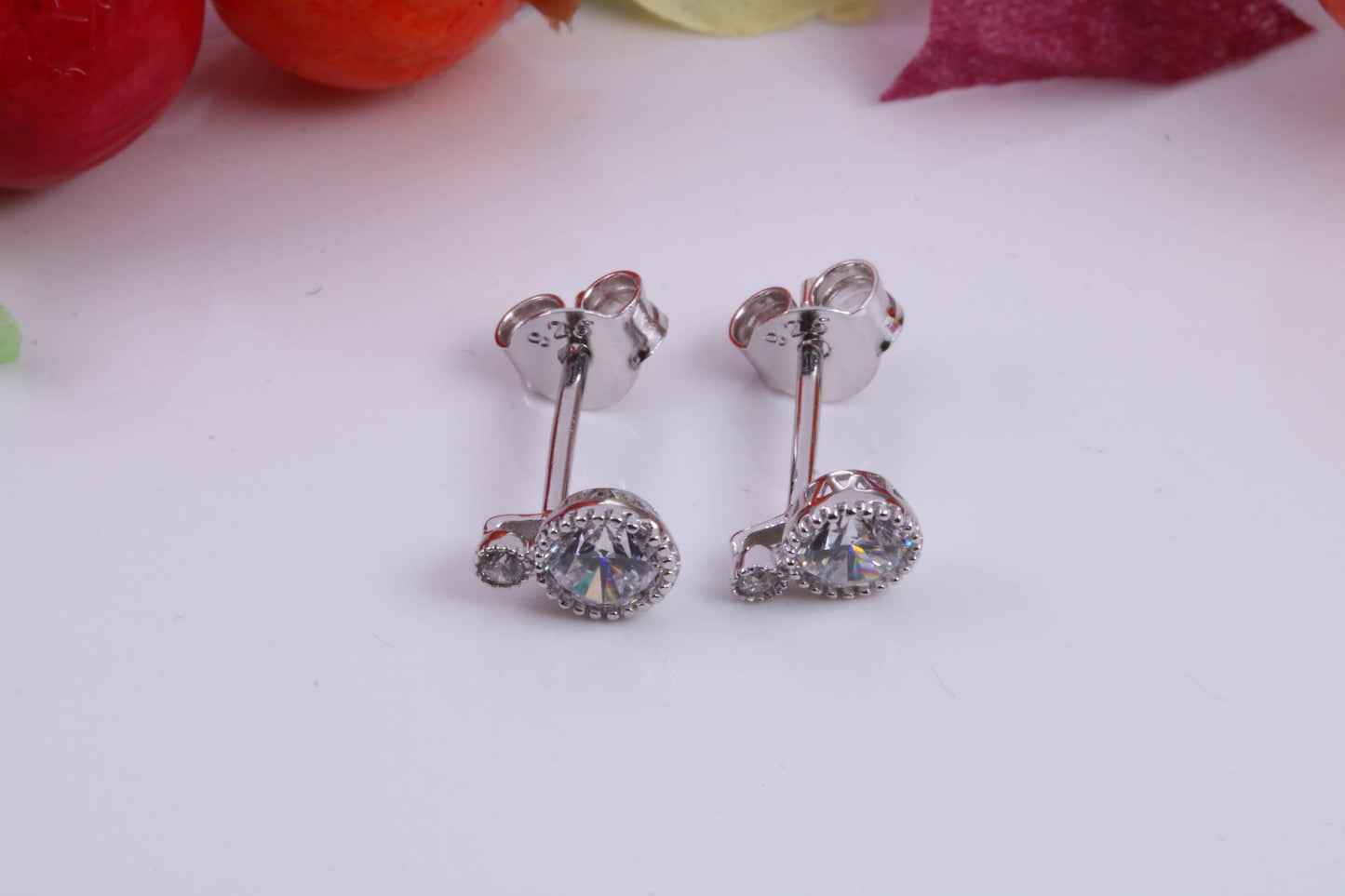 7 mm Long Stud Cubic Zirconia set Earrings, Very Dressy, Made from Solid 925 Grade Sterling Silver