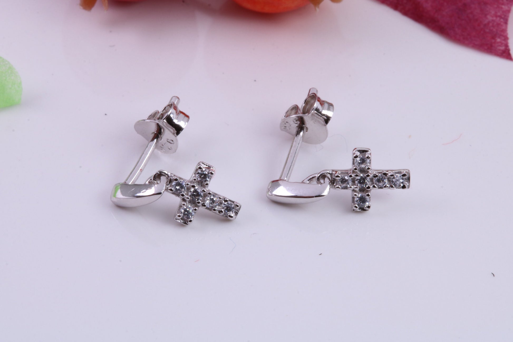 Cross Dropper Stud Cubic Zirconia set Earrings, Very Dressy, Made from Solid 925 Grade Sterling Silver