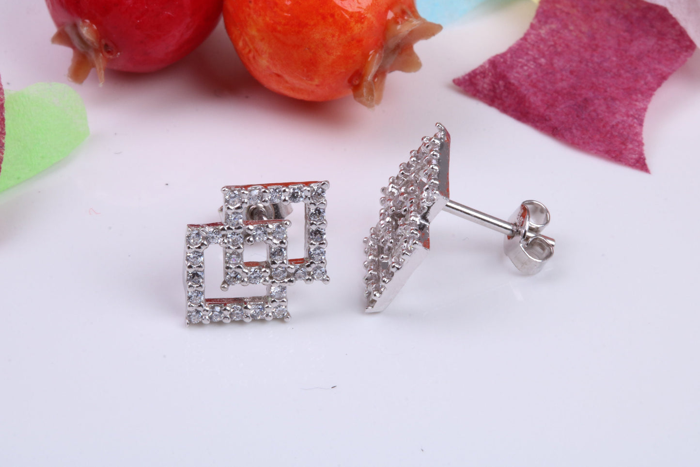 Double Square Cubic Zirconia set Earrings, Very Dressy, Made from Solid 925 Grade Sterling Silver