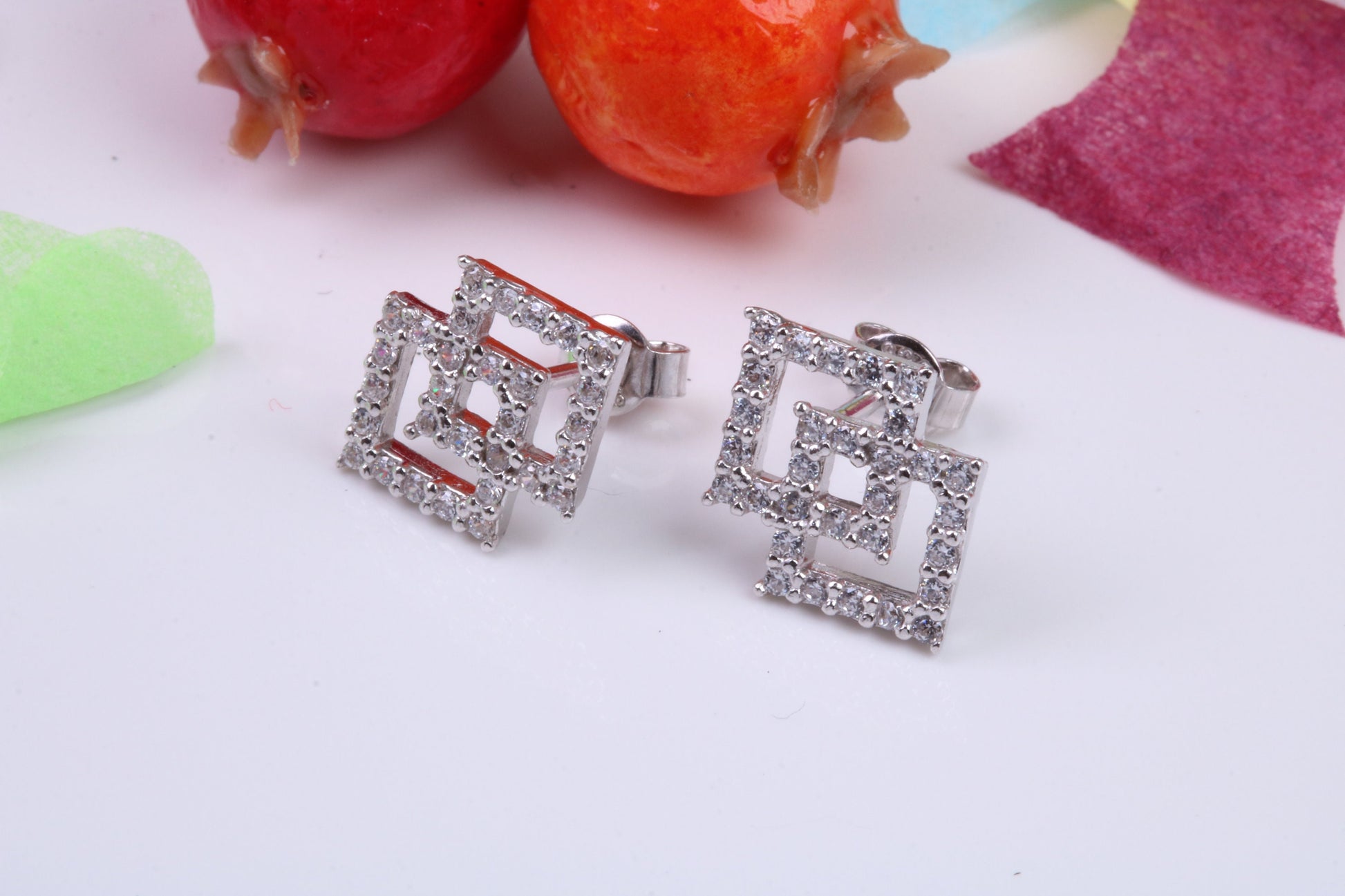 Double Square Cubic Zirconia set Earrings, Very Dressy, Made from Solid 925 Grade Sterling Silver