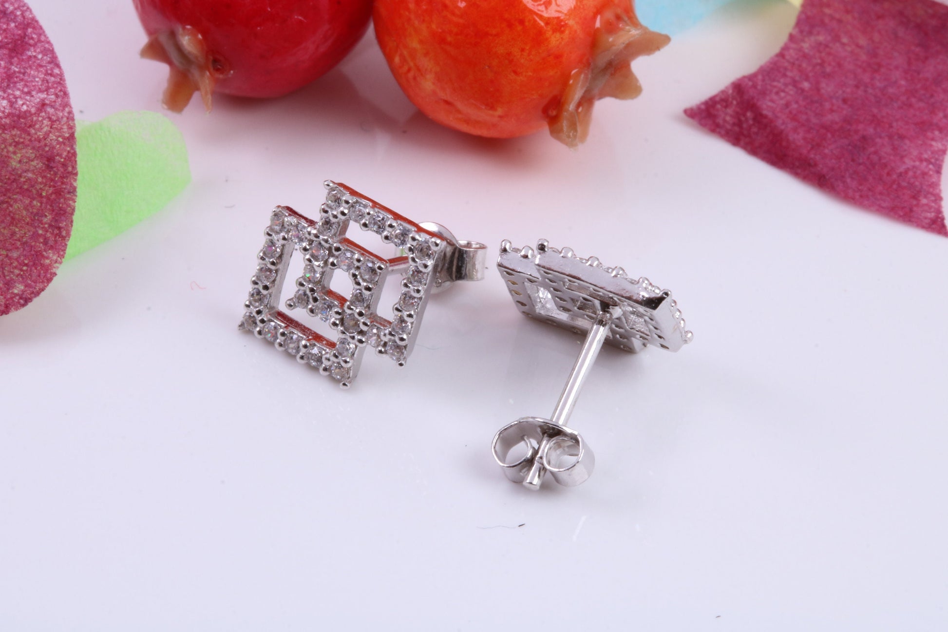 Double Square Cubic Zirconia set Earrings, Very Dressy, Made from Solid 925 Grade Sterling Silver